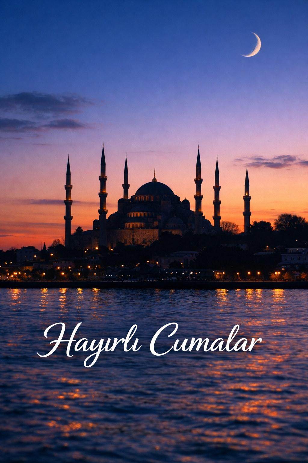 Istanbul mosque with six minarets at twilight for Hayırlı Cumalar Turkish Blessed Friday greeting